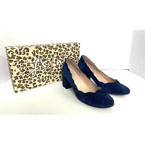 French Sole FS/NY Navy Suede Wave Mid Heel Scallop Block Pump Sz 6.5 Spain